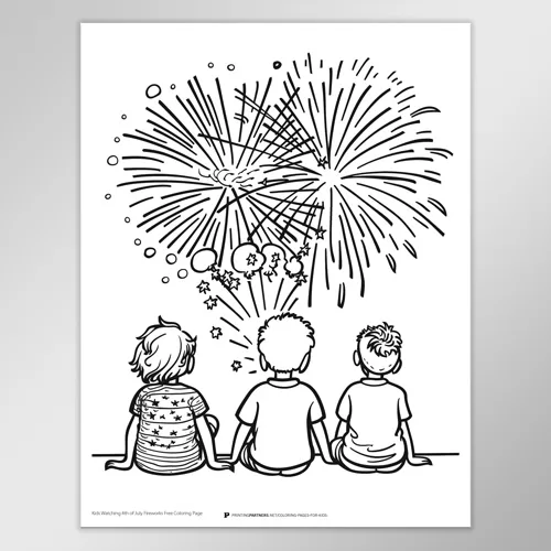 Kids Watching Fireworks on the 4th of July Coloring Page