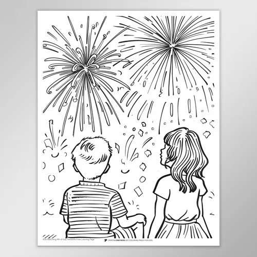 Kids Watching Fireworks on the 4th of July Coloring Page