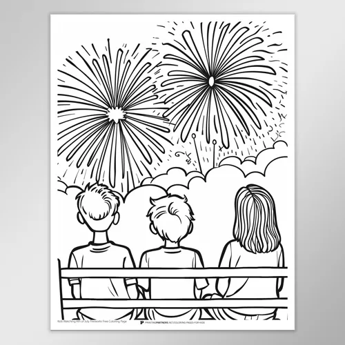 Kids Watching Fireworks on the 4th of July Coloring Page