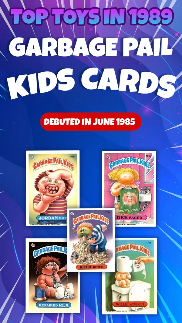 Garbage Pail Kids trading cards from the 1980s, featuring quirky and gross-out characters with humorous names