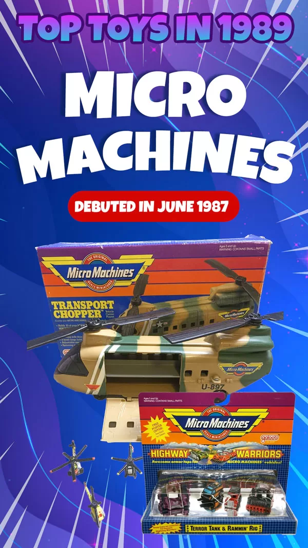 Vintage 1989 Micro Machines miniature toy cars by Galoob, showcasing detailed designs popular in the late 1980s.