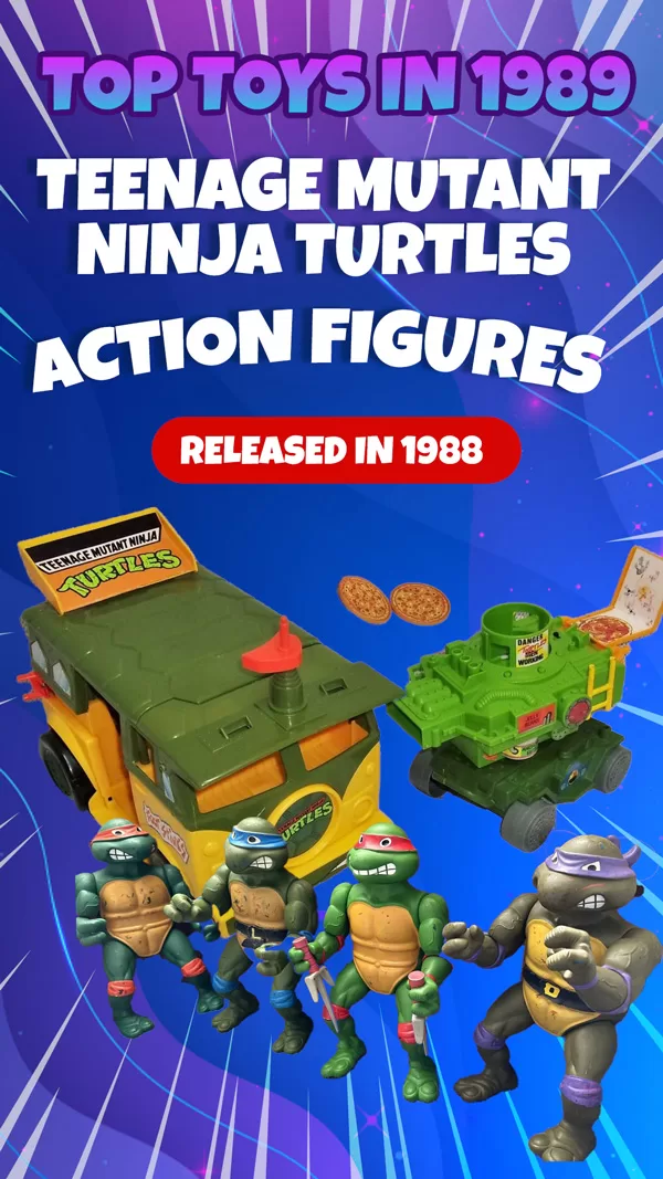 1989 Teenage Mutant Ninja Turtles action figures featuring Leonardo, Donatello, Raphael, and Michelangelo in original packaging.