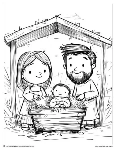 Baby Jesus, Mary, and Joseph - Nativity Coloring Page