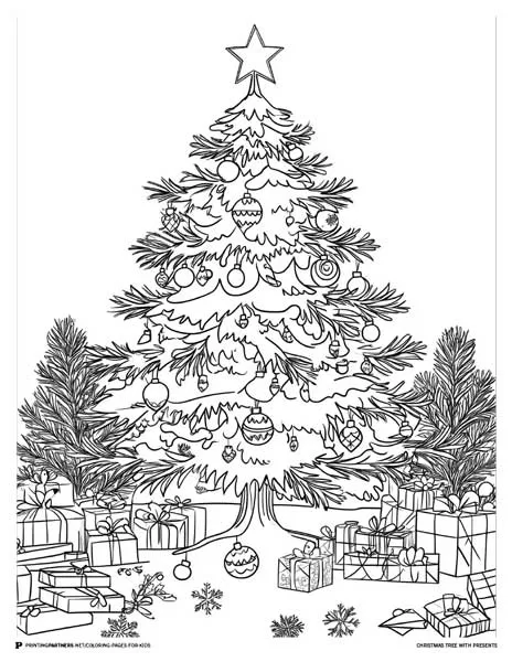 Christmas Tree with Presents - Holiday Coloring Page