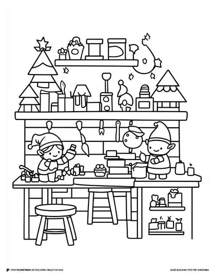 Elves Building Toys for Christmas - Holiday Coloring Page