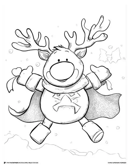 Flying Superhero Reindeer - Holiday Coloring Page