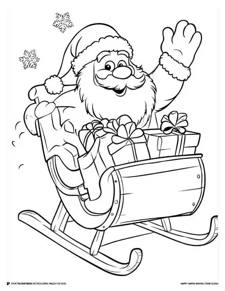 Happy Santa Waving from Sleigh - Christmas Coloring Page