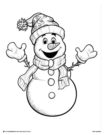 Happy Snowman - Festive Holiday Coloring Page