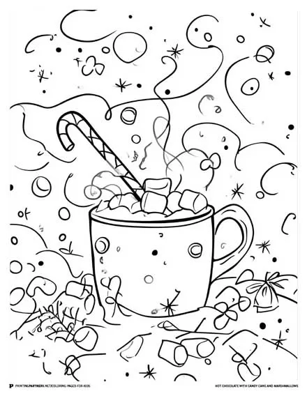 Hot Chocolate with Candy Cane and Marshmallows - Festive Coloring Page