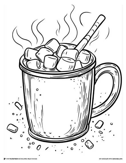 Hot Chocolate with Marshmallows - Holiday Coloring Page