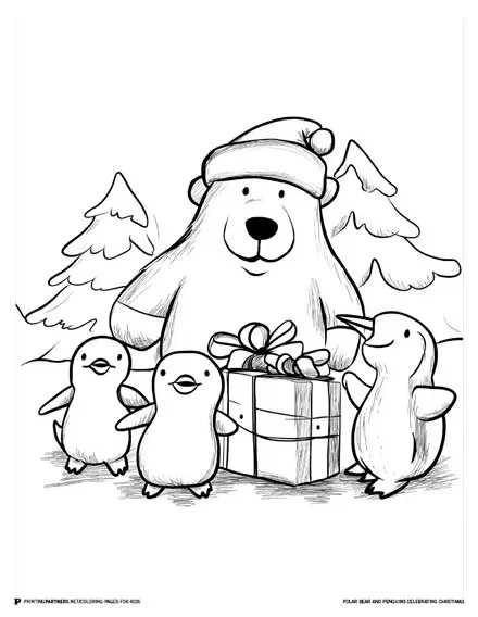 Polar Bear and Penguins Celebrating Christmas - Holiday Coloring Page