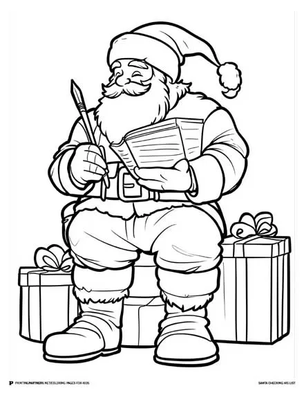 Santa Checking His List - Christmas Coloring Page