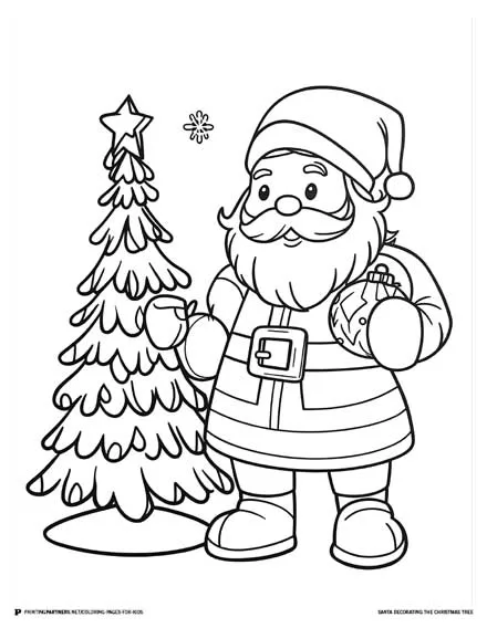 Santa Decorating the Christmas Tree - Christmas Coloring Page for Kids