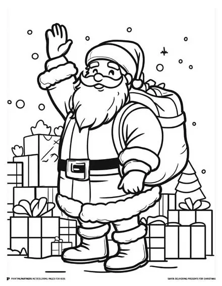 Santa delivering presents for Christmas in a fun coloring page