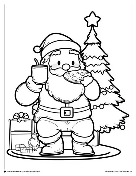 Santa Eating Cookies - Christmas Coloring Page for Kids