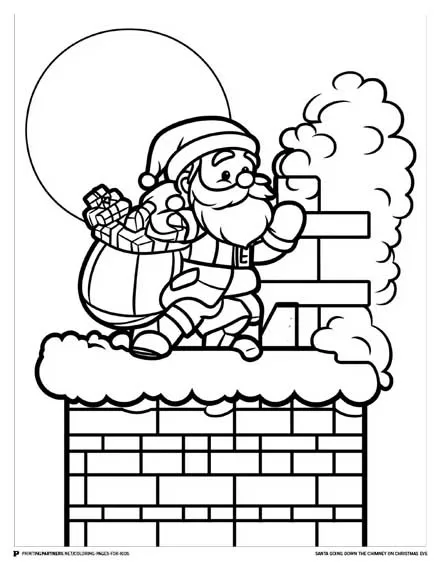 Santa Going Down the Chimney - Christmas Eve Coloring Page