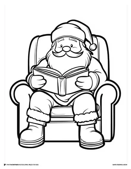 Santa Reading a Book - Holiday Coloring Page for Kids