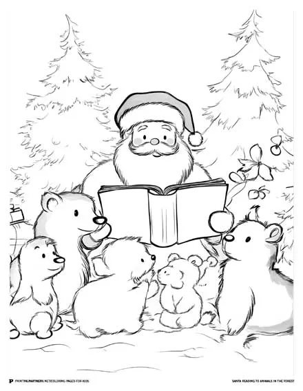 Santa Reading to Animals - Christmas Coloring Page for Kids