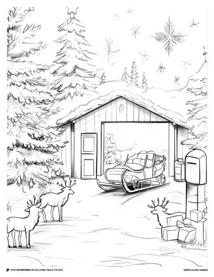 Santa’s Sleigh Garage - Festive Coloring Page for Kids