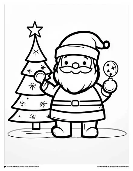 Santa Standing in Front of His Christmas Tree - Festive Coloring Page