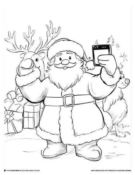 Santa Taking a Selfie with Reindeer on Christmas Morning - Festive Coloring Page