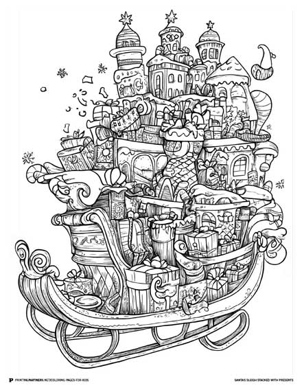 Santa's Sleigh Stacked with Presents - Christmas Coloring Page