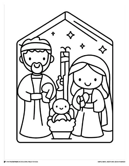 Simple Mary, Joseph, and Jesus in Manger - Nativity Coloring Page