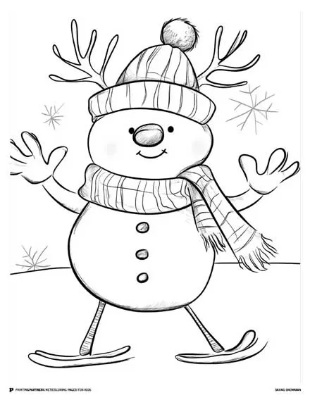 Skiing Snowman - Festive Holiday Coloring Page