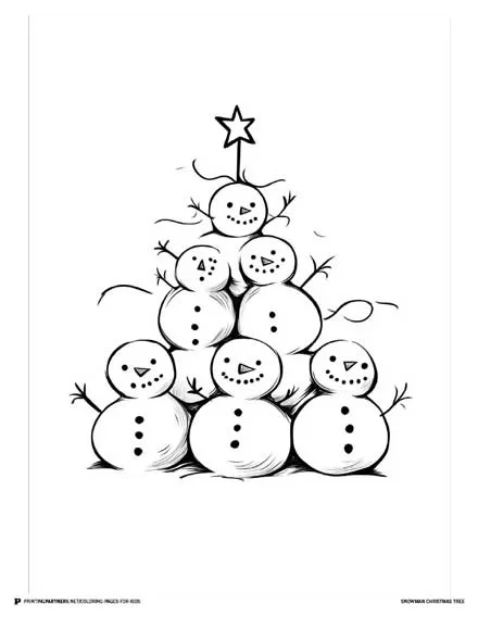 Snowman Christmas Tree - Festive Coloring Page