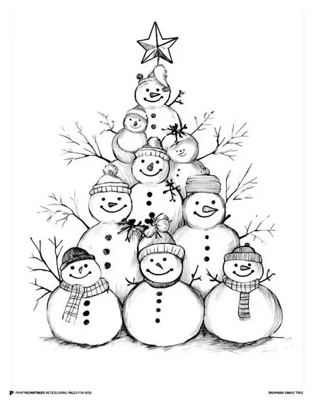 Snowman Family Tree - Christmas Coloring Page for Kids