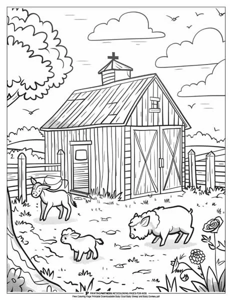 A baby goat baby sheep and baby donkey coloring illustration.