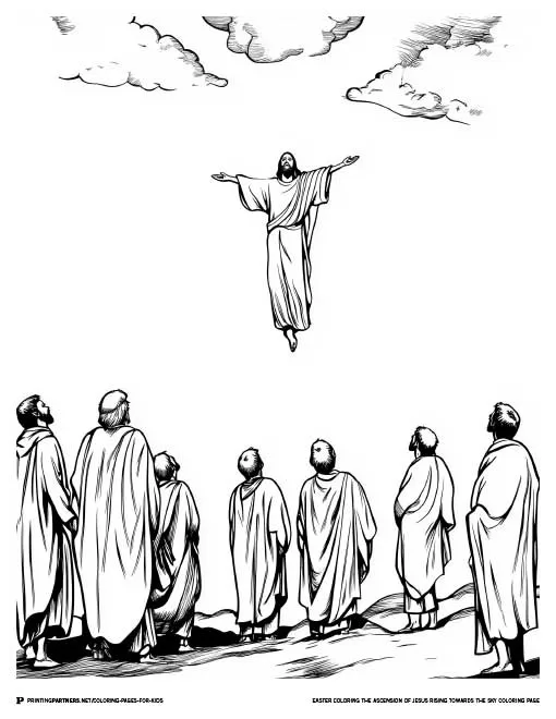 Jesus rising towards the sky while disciples look on in awe, marking His ascension into Heaven.