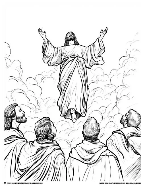 Jesus ascending into heaven surrounded by disciples, symbolizing His glorious return in the clouds.