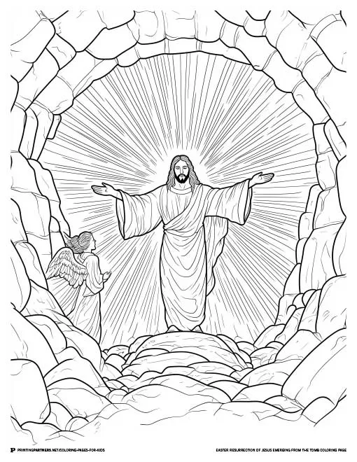 Jesus emerging from the tomb on Easter Sunday with radiant light, perfect for an Easter-themed coloring activity for kids.