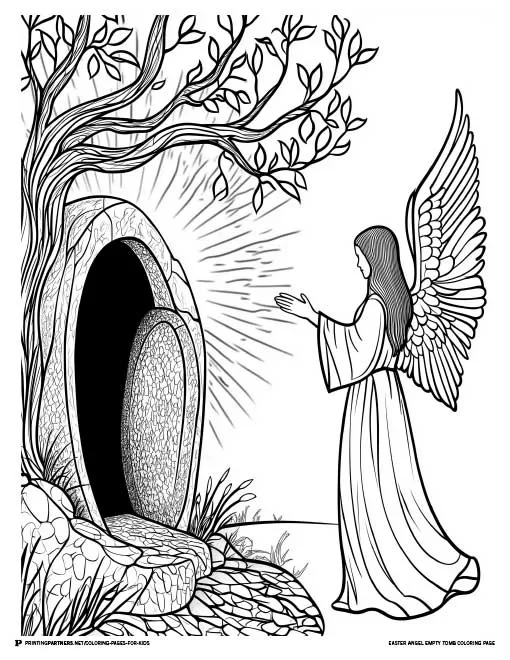 Angel standing at the entrance of the empty tomb with light radiating, symbolizing the resurrection of Jesus on Easter morning.