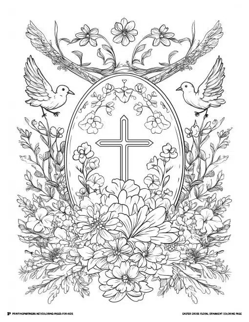 Intricate Easter cross surrounded by vibrant flowers and birds, symbolizing resurrection and new life.