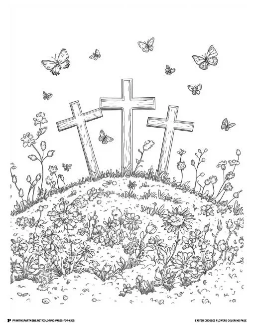 Easter crosses surrounded by flowers and butterflies, creating a serene and meaningful scene for children to color during the holiday.