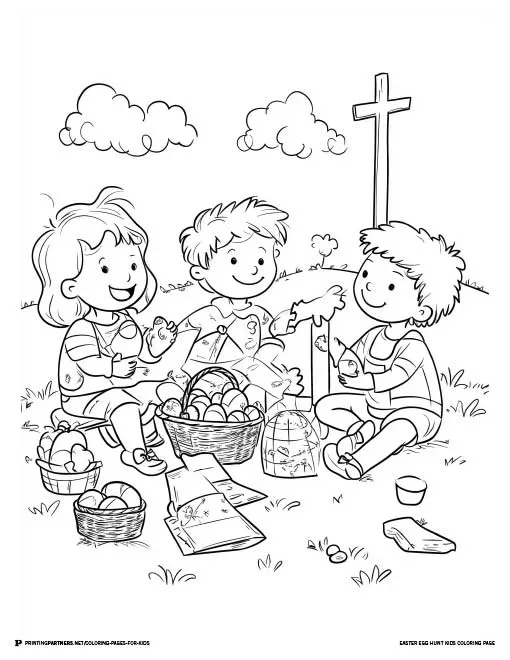 Kids decorating Easter eggs in an outdoor scene with a cross in the background, capturing the spirit of Easter fun and celebration.