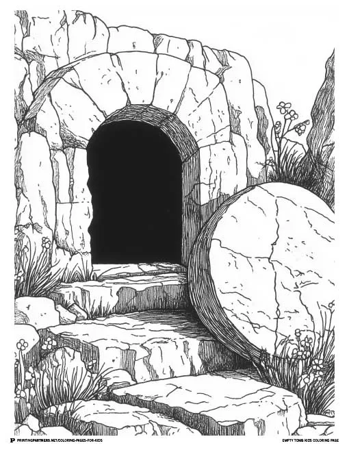 A detailed illustration of the empty tomb with an open entrance and the stone rolled away, symbolizing the resurrection of Jesus.