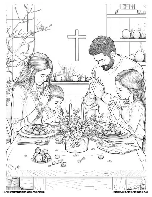 A family of four praying together at the dinner table with Easter decorations, perfect for an Easter-themed coloring activity.