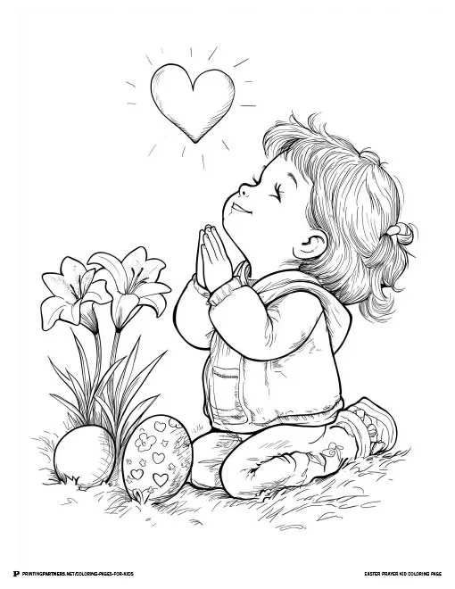 A child praying with Easter flowers and eggs, perfect for a coloring activity that celebrates Easter and its spiritual meaning.