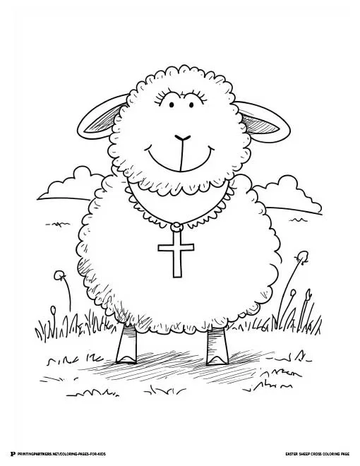 A happy Easter sheep with a cross necklace, ideal for kids’ Easter-themed coloring activities.