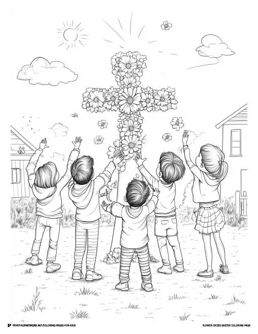 Children decorating a cross with flowers in celebration of Easter, perfect for a fun and creative coloring activity.