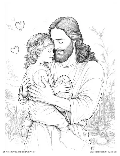 Jesus lovingly holding a child in His arms, radiating Easter joy and love, making for a meaningful and touching coloring activity for kids.