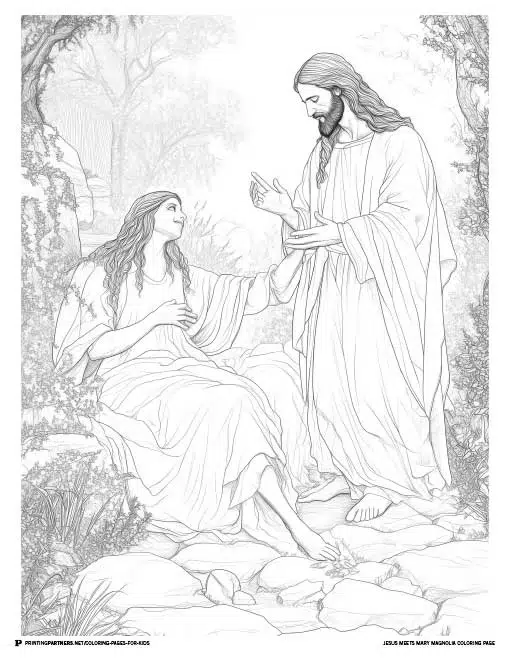 Jesus meeting Mary Magdalene after His resurrection in a peaceful garden, offering a touching and joyful Easter moment for kids to color.