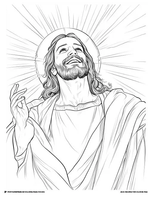 Jesus smiling in radiant light after His resurrection, offering a joyful and uplifting moment for Easter-themed coloring.