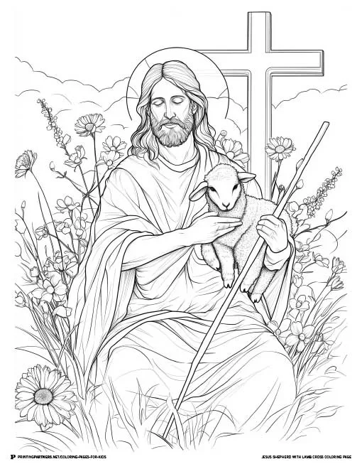 coloring page of A heartwarming scene of Jesus as the Good Shepherd