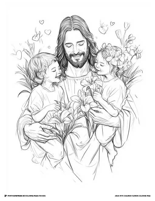 A touching scene of Jesus holding two children surrounded by flowers, exuding love and joy, perfect for an Easter-themed coloring activity that celebrates the love of Jesus.