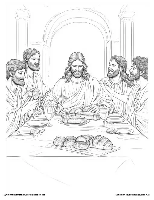 A detailed scene of Jesus sharing the Last Supper with His disciples, offering a meaningful and thoughtful Easter coloring experience for children.