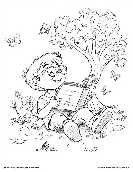 A joyful scene of a child reading a book under a tree on a sunny spring day, surrounded by butterflies and flowers, offering a perfect opportunity for young ones to enjoy coloring while celebrating the beauty of nature.